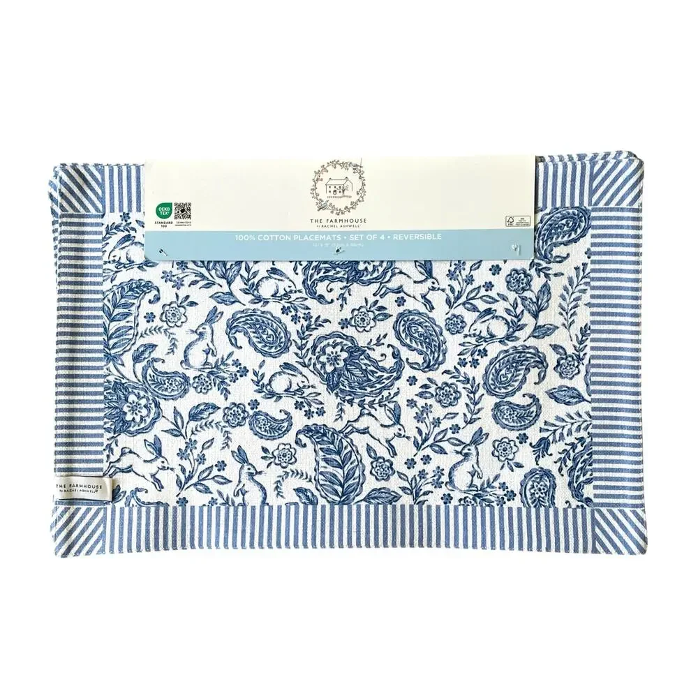 Rachel Ashwell Farmhouse Bunny Paisley Reversible Placemats 13x19 Blue White New